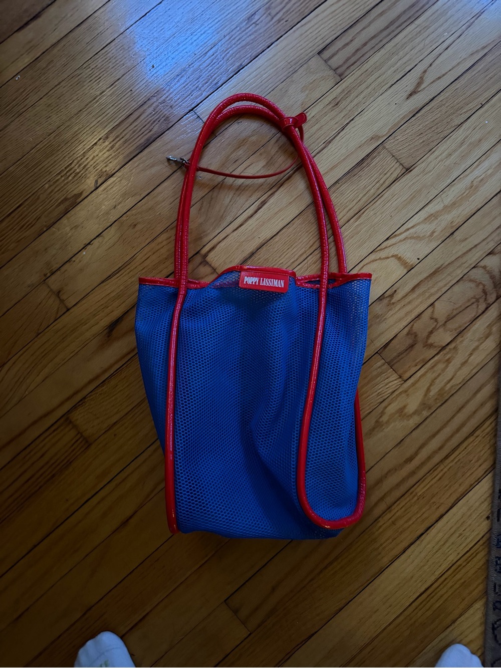 Poppy Lissiman Nana Blue Mesh Tote with Red Trim